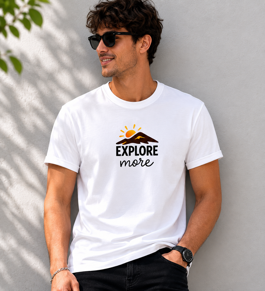 Explore T-Shirt, White Cotton,Casual Short Sleeve Tee