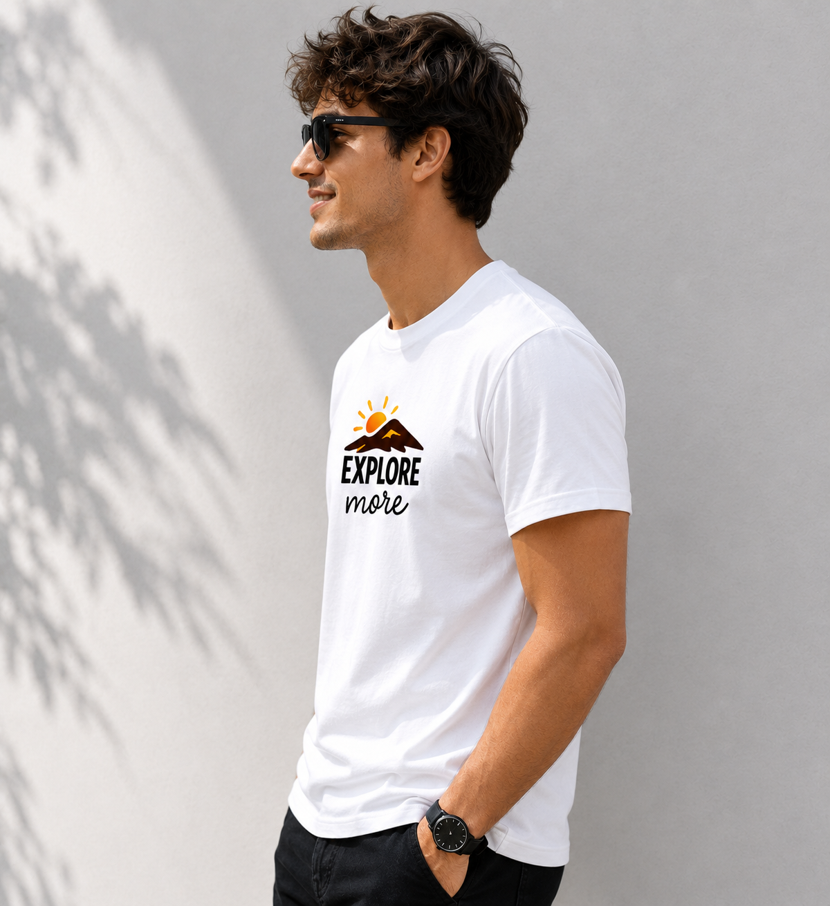 Explore T-Shirt, White Cotton,Casual Short Sleeve Tee